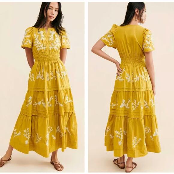 ANTHROPOLOGIE Somerset Maxi Dress Embroidered Edition Mustard Yellow Sz 1X {W35} - Picture 1 of 5